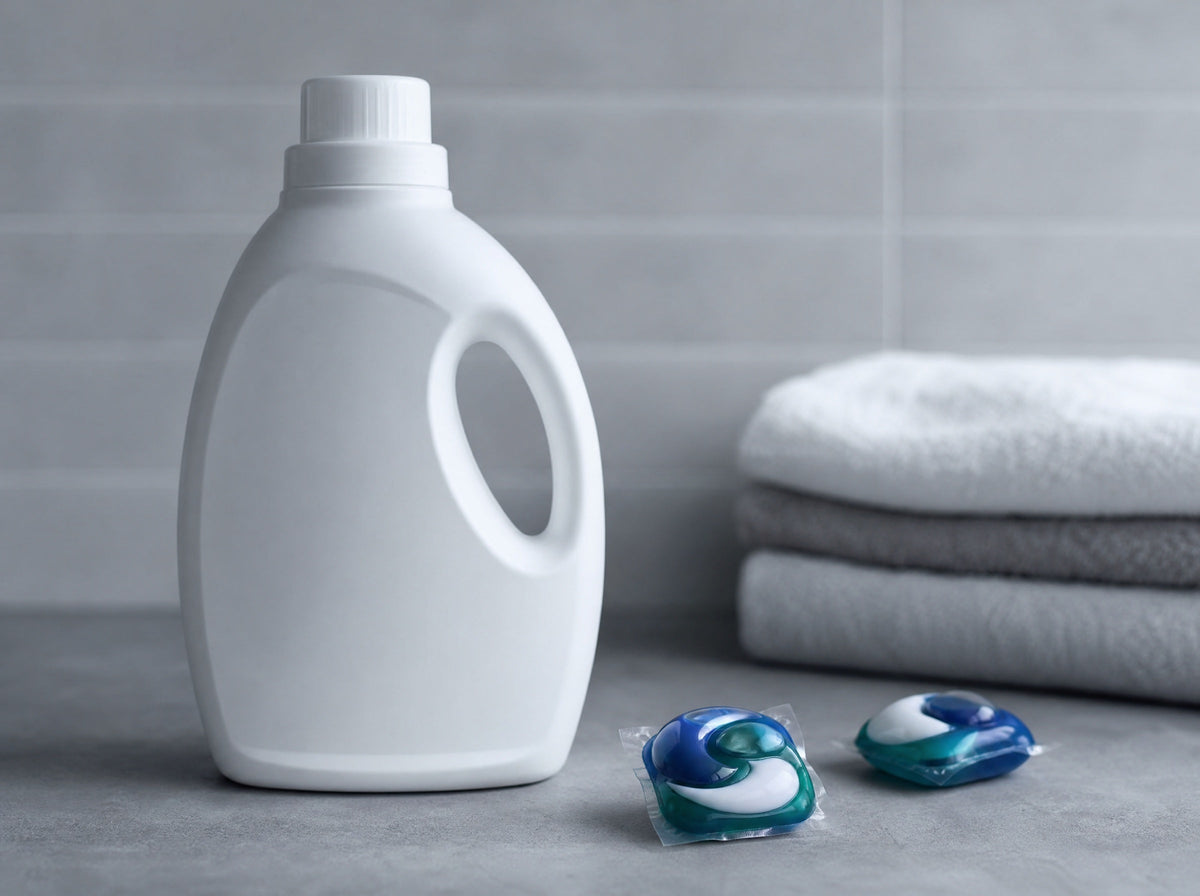 Conventional detergent bottles with green-looking labels