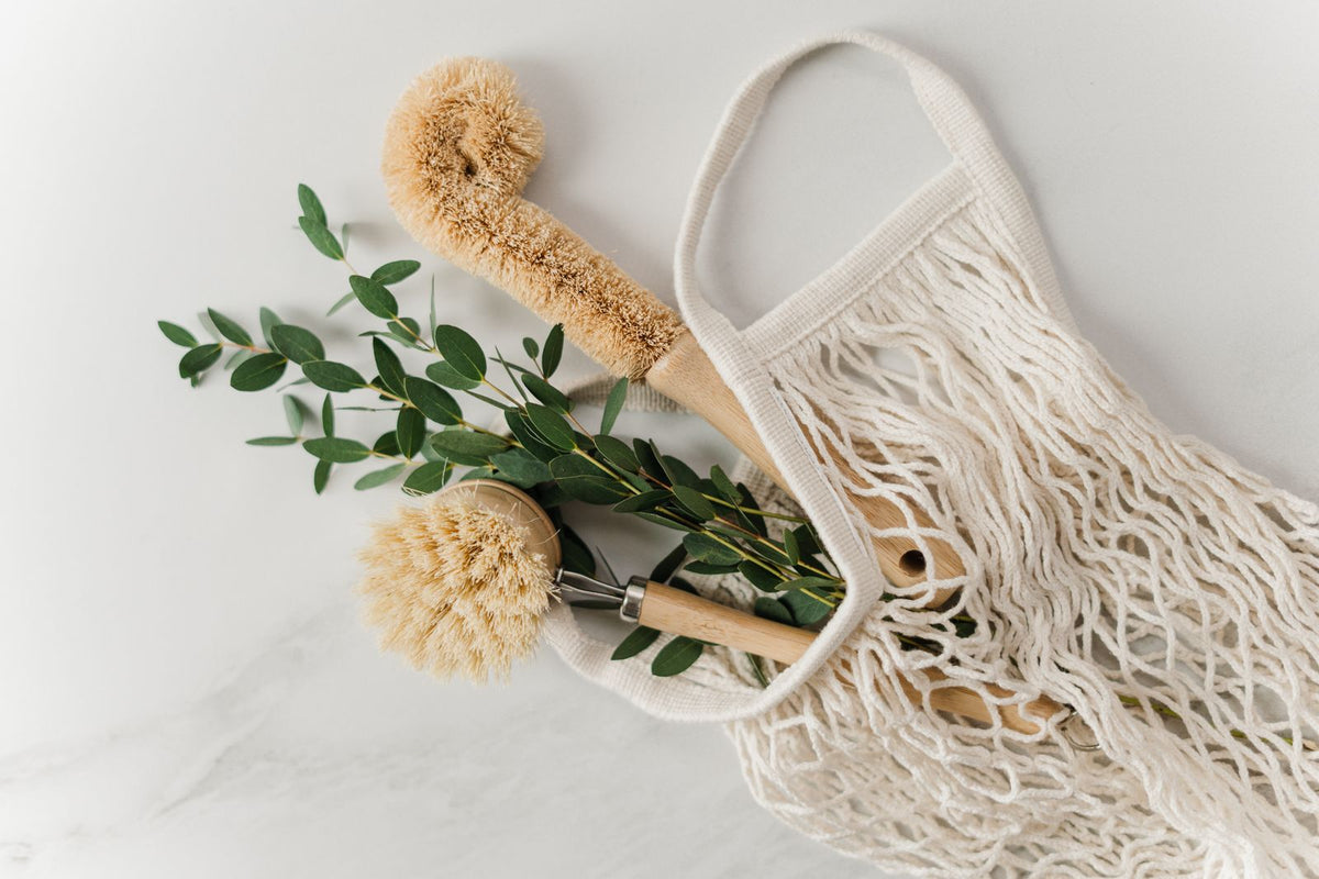 Wooden dish brushes and a cotton mesh bag with eucalyptus sprigs on a pale marble surface