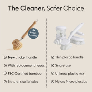 Dish Brush Set: the bamboo brush compared against a thin plastic brush that sheds microplastics