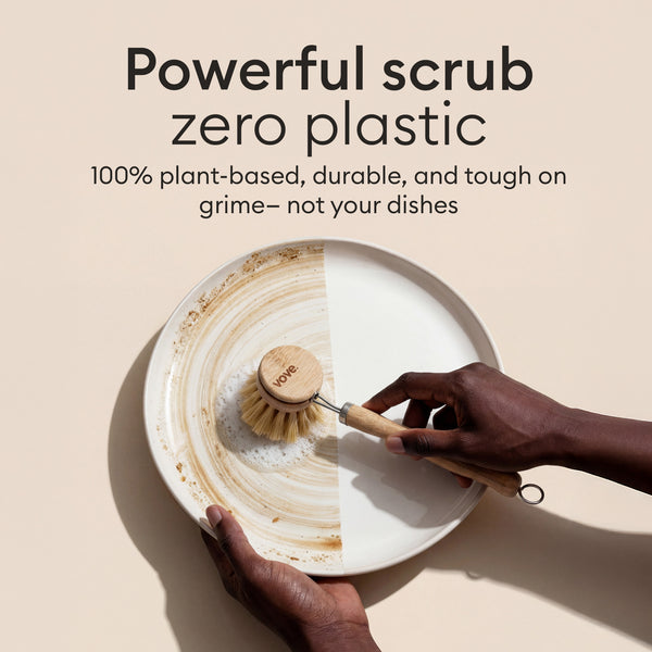 Bamboo Brush Set: brush scrubbing a plate clean, powerful plant-based scrub with zero plastic