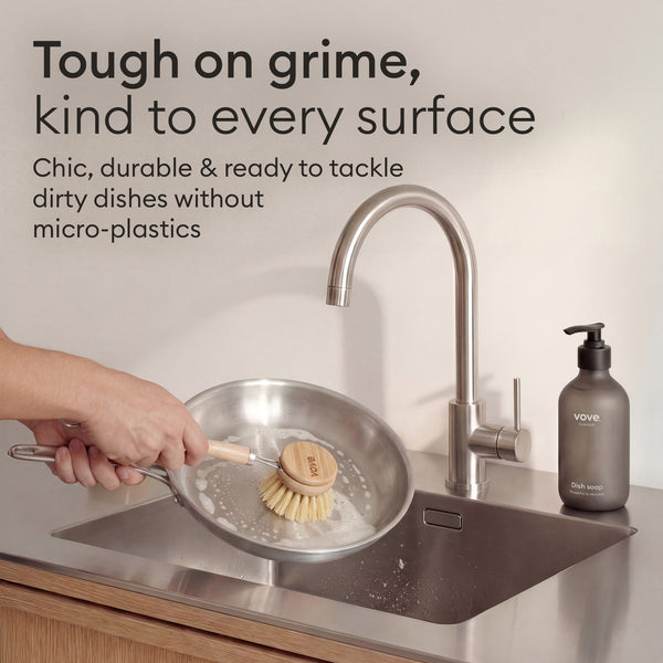 Bamboo Brush Set: brush washing a dish in the sink, tough on grime and kind to every surface