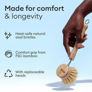 Bamboo Brush Set: features panel listing heat-safe sisal bristles, FSC bamboo grip and replaceable heads