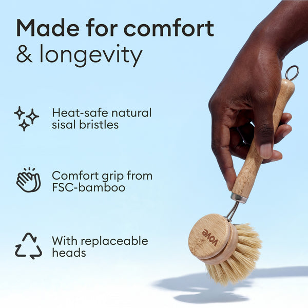 Bamboo Brush Set: features panel listing heat-safe sisal bristles, FSC bamboo grip and replaceable heads