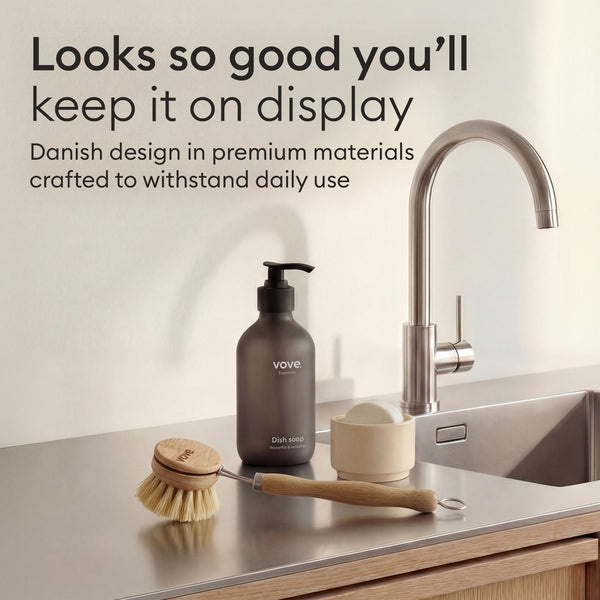Bamboo Brush Set: brushes styled on a kitchen counter beside a soap dispenser