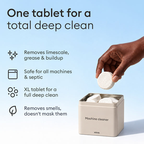 Dishwasher Cleaner Tablets: hand dropping a tablet into the storage tin, removes limescale, grease and buildup, safe for all machines and septic systems