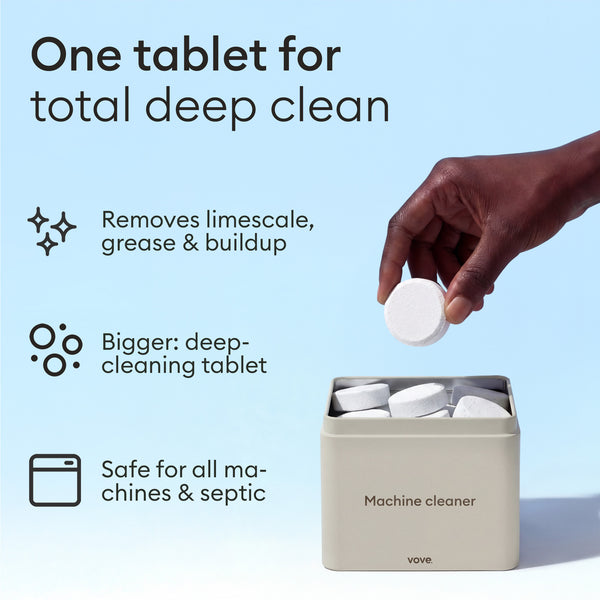 Dishwasher Cleaner Starter Set: hand dropping a tablet, removes limescale, grease and buildup