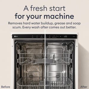 Dishwasher Cleaner Starter Set: open dishwasher, removes hard water buildup, grease and soap scum