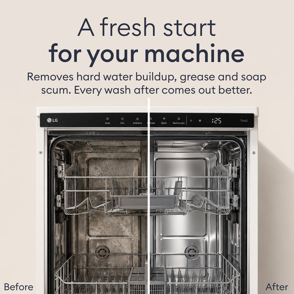 Dishwasher Cleaner Starter Set: open dishwasher, removes hard water buildup, grease and soap scum