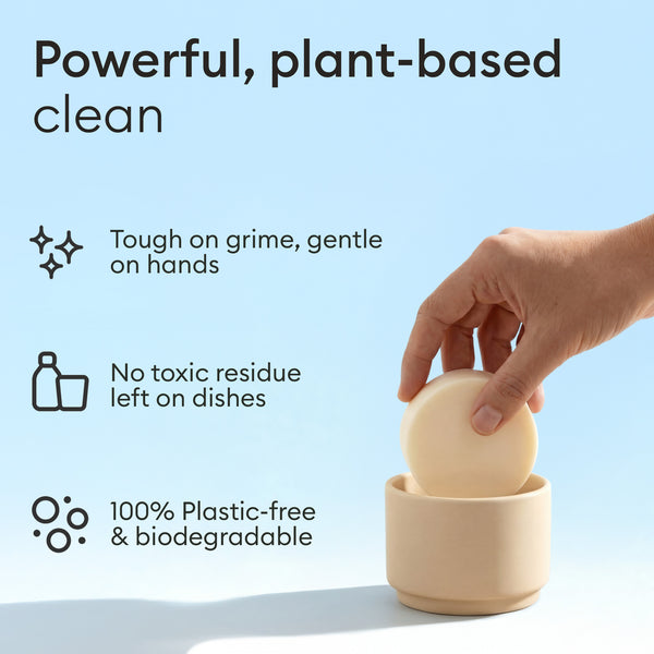 Dish Soap Bars: benefits panel on plant-based cleaning, no toxic residue and plastic-free packaging