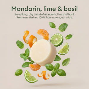 Dish Soap Bars: mandarin, lime and basil scent shown with the bar among citrus and herbs
