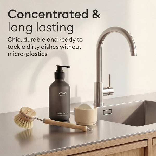 Dish Soap Bars: bar and brush styled by the sink, concentrated formula that lasts