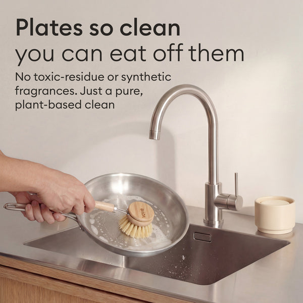Dish Bar Set: rinsing a plate under the tap, no synthetic fragrance or toxic residue left behind