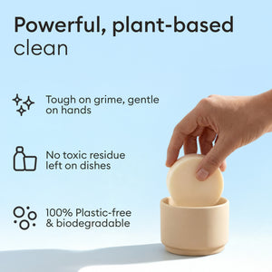 Dish Bar Set: benefits panel on plant-based cleaning, no toxic residue and plastic-free packaging