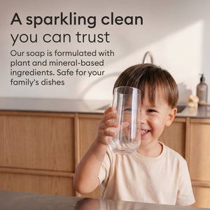 Dish soap starter set: child holding a sparkling clean glass, plant and mineral based ingredients #v-55968143114619
