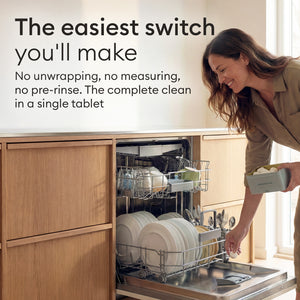 Dishwasher Detergent Starter Set: loading a tablet into the dishwasher, no unwrapping and no pre-rinse