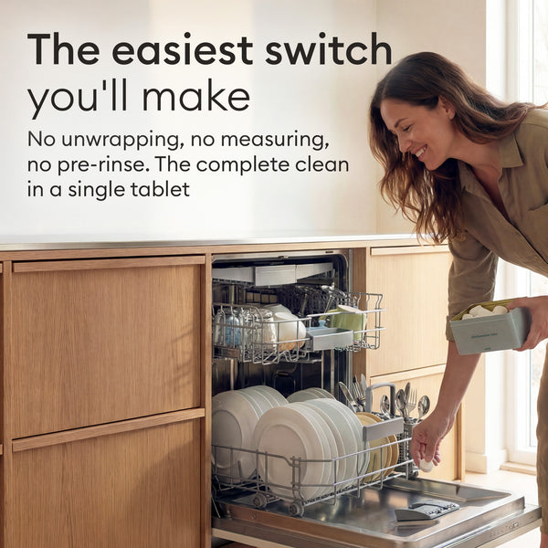 Dishwasher Detergent Starter Set: loading a tablet into the dishwasher, no unwrapping and no pre-rinse