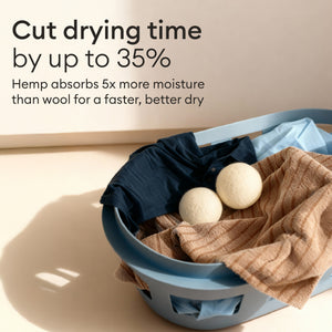 Hemp Dryer Balls: dryer balls resting on towels, cutting drying time by up to 35 percent