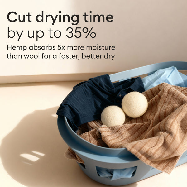 Hemp Dryer Balls: dryer balls resting on towels, cutting drying time by up to 35 percent