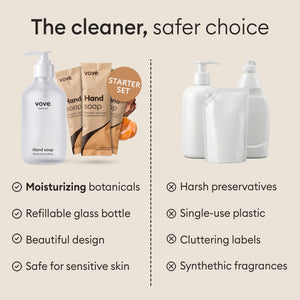 Hand soap starter set: light bottle compared against single-use plastic hand soap with harsh preservatives #v-55968144589179