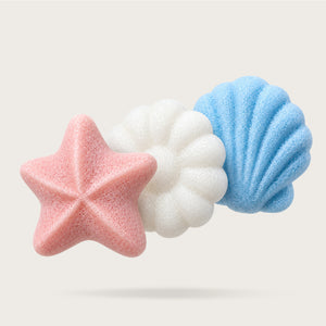 Baby Konjac Sponges: three shaped konjac sponges, a starfish, a flower and a shell