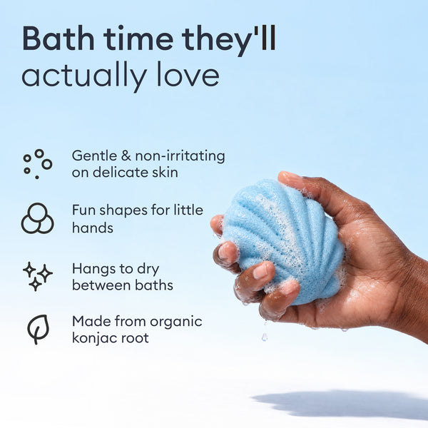 Baby Konjac Sponges: hand holding the shell sponge, gentle on delicate skin with fun shapes for little hands
