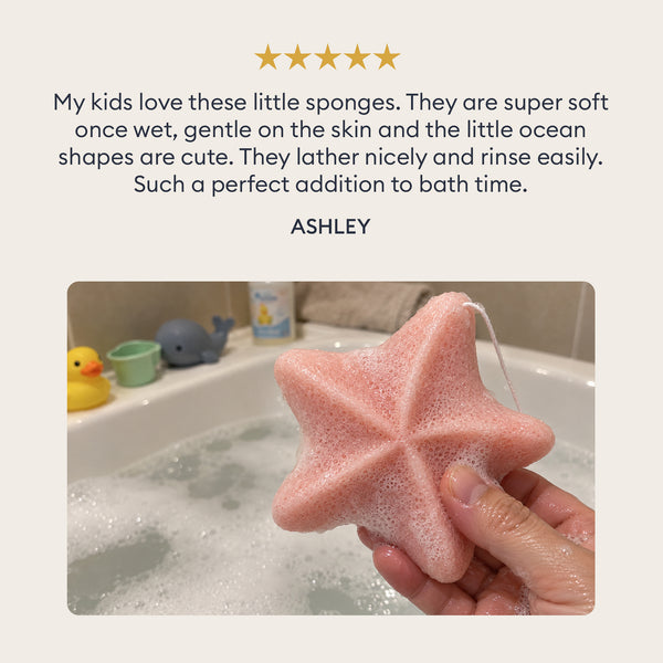 Baby Konjac Sponges: customer review with a photo of the starfish sponge over the bath