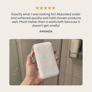 Konjac Body Sponge: customer review with a photo of the white sponge in the shower