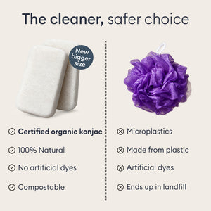 Konjac Body Sponge: two white sponges compared with a plastic mesh loofah