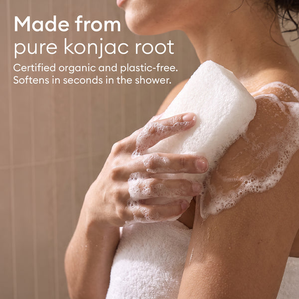 Konjac Body Sponge: white sponge lathering on the shoulder, made from pure konjac root