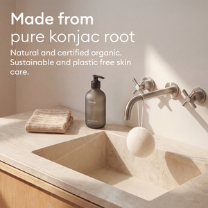 Konjac Face Sponges: sponge resting on a stone basin, made from certified organic konjac root