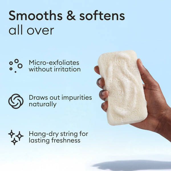 Konjac Body Sponge: hand holding the sponge, micro-exfoliates and draws out impurities naturally