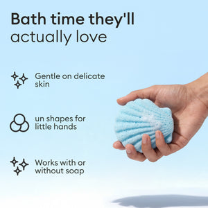 Baby Konjac Sponges: hand holding a shell shaped sponge, gentle on delicate skin, works with or without soap