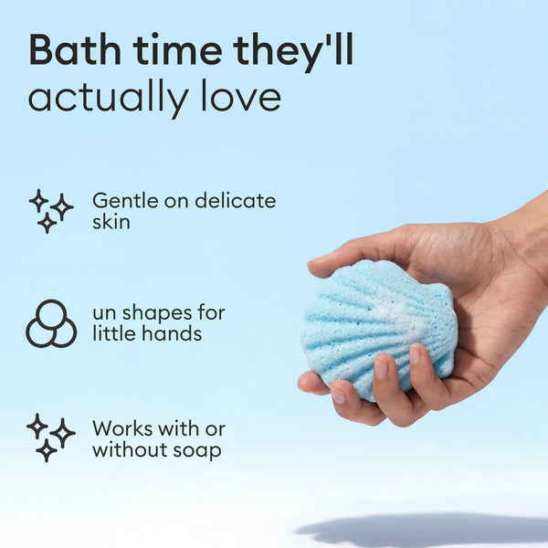 Baby Konjac Sponges: hand holding a shell shaped sponge, gentle on delicate skin, works with or without soap