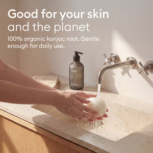 Baby Konjac Sponges: hands rinsing at the basin, 100% organic konjac gentle enough for daily use