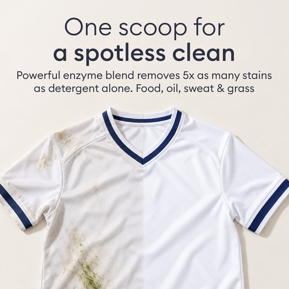 Laundry booster: kraft pouch of fragrance-free enzyme booster with its wooden measuring scoop and soap bubbles