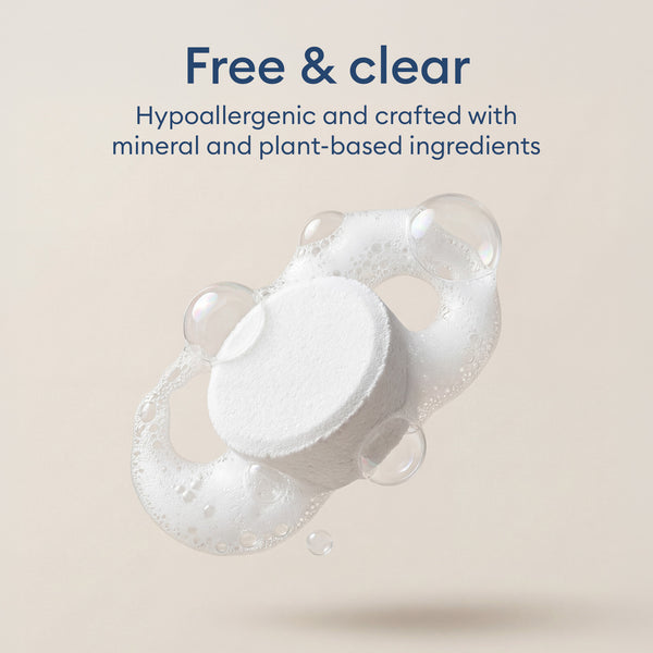 Laundry Detergent Starter Set: tablets shown close up, hypoallergenic and mineral and plant-based