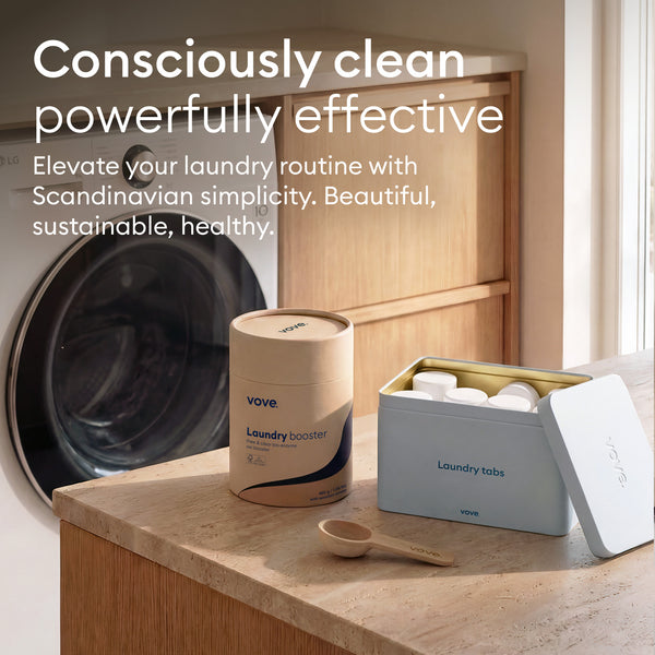 Laundry Detergent Starter Set: tablets and storage tin on a counter, Scandinavian laundry simplicity