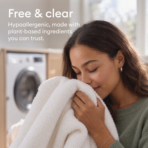 Laundry Detergent Starter Set: woman holding a freshly washed towel, fragrance-free and hypoallergenic, made with plant-based ingredients