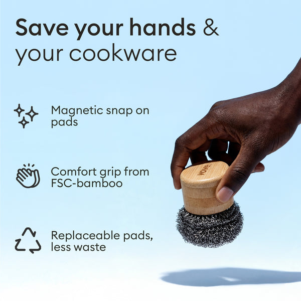 Scrubber Set: benefits panel on the magnetic snap-on pad, bamboo grip and replaceable heads
