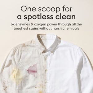 Laundry booster: stained white shirt cleaned with one scoop, 6x enzymes and oxygen power