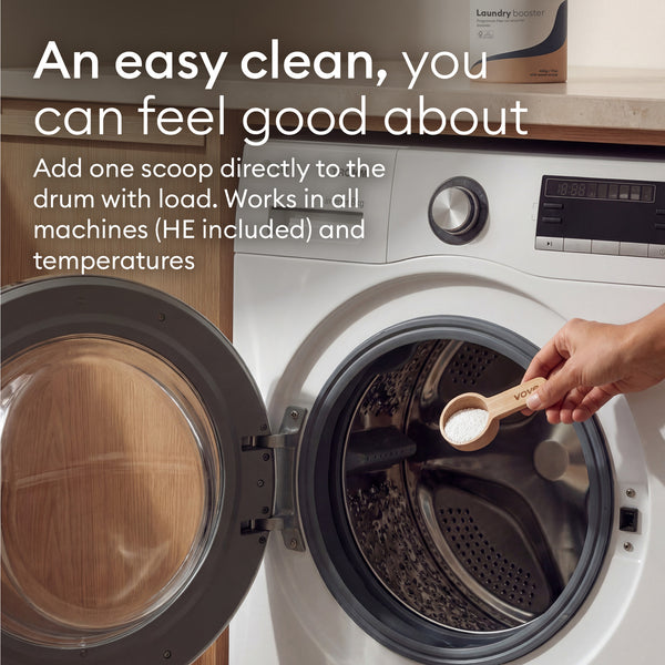 Laundry booster: a scoop of powder added straight to the drum, works in all machines and temperatures