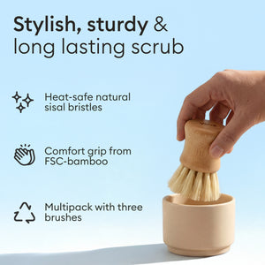 Cleaning Essentials: brushes in the ceramic cup, heat-safe sisal bristles and FSC bamboo grip