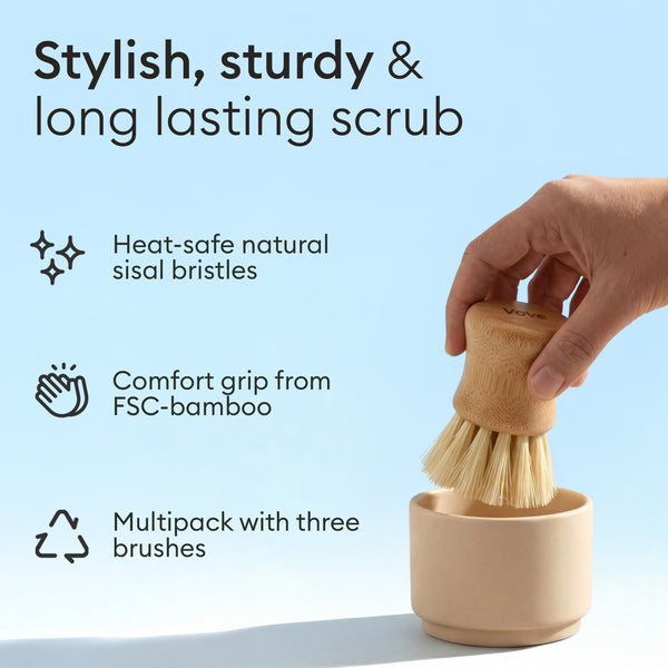 Cleaning Essentials: brushes in the ceramic cup, heat-safe sisal bristles and FSC bamboo grip