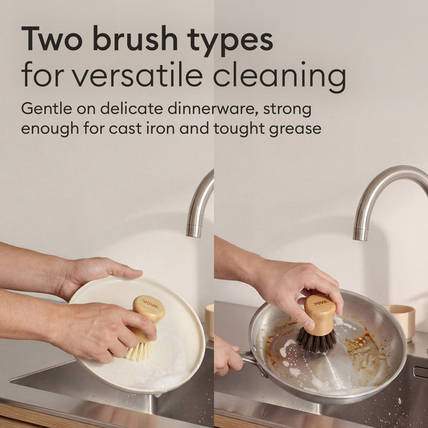 Cleaning Essentials: two brush types shown on delicate dinnerware and tough cast iron grease