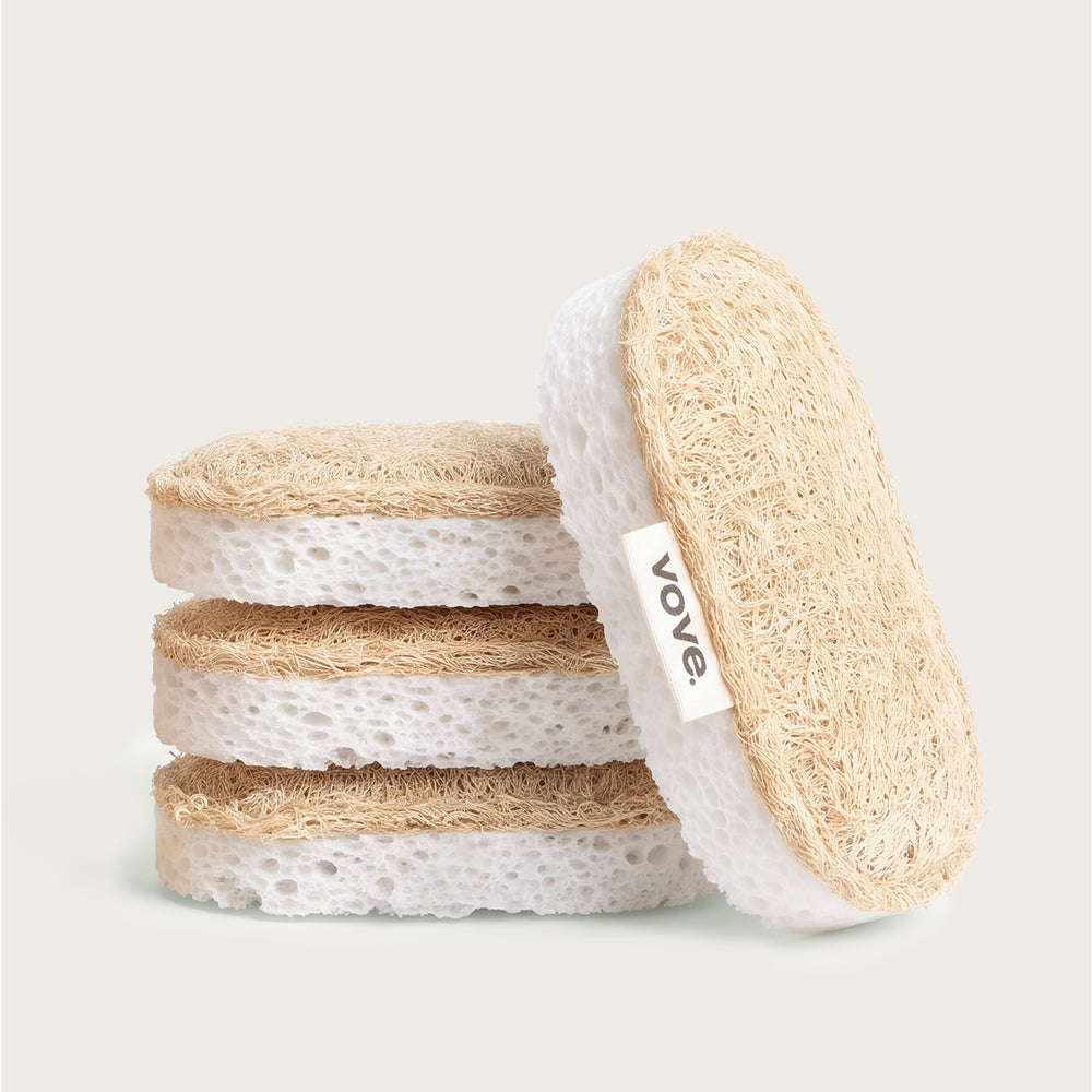 Sponge Scourers: three loofah scrub sponges stacked with one leaning against them