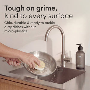 Cleaning duo: washing a dish at the sink, durable and free of micro-plastics