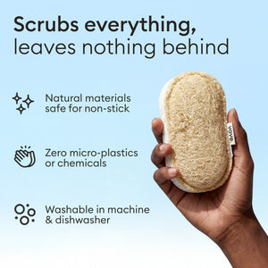 Cleaning duo: benefits panel on natural loofah, no micro-plastics and machine washable