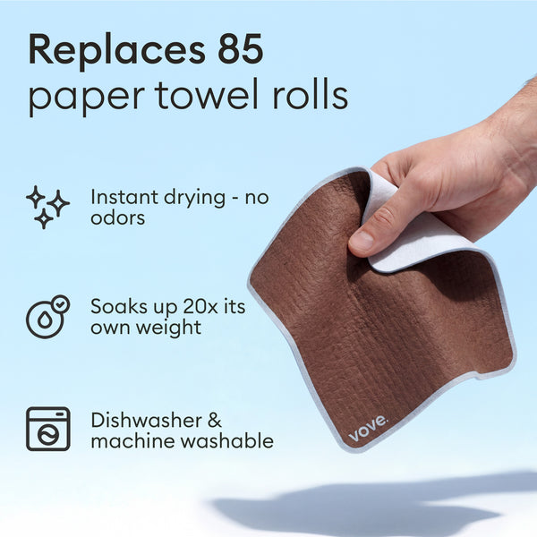 Sponge Cloths: benefits panel, one cloth replaces 85 paper towel rolls and soaks 20x its weight