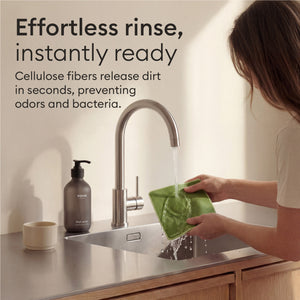 Sponge Cloths: rinsing a cloth under the tap, cellulose fibres release dirt in seconds