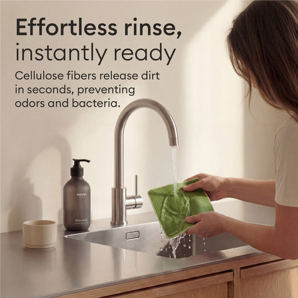 Sponge Cloths: rinsing a cloth under the tap, cellulose fibres release dirt in seconds